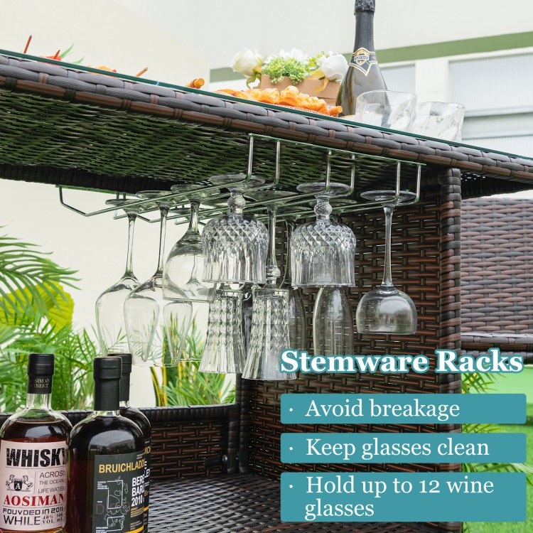 Wicker bar set featuring 3-row stemware racks, holding up to 12 glasses, ideal for outdoor poolside or backyard use.